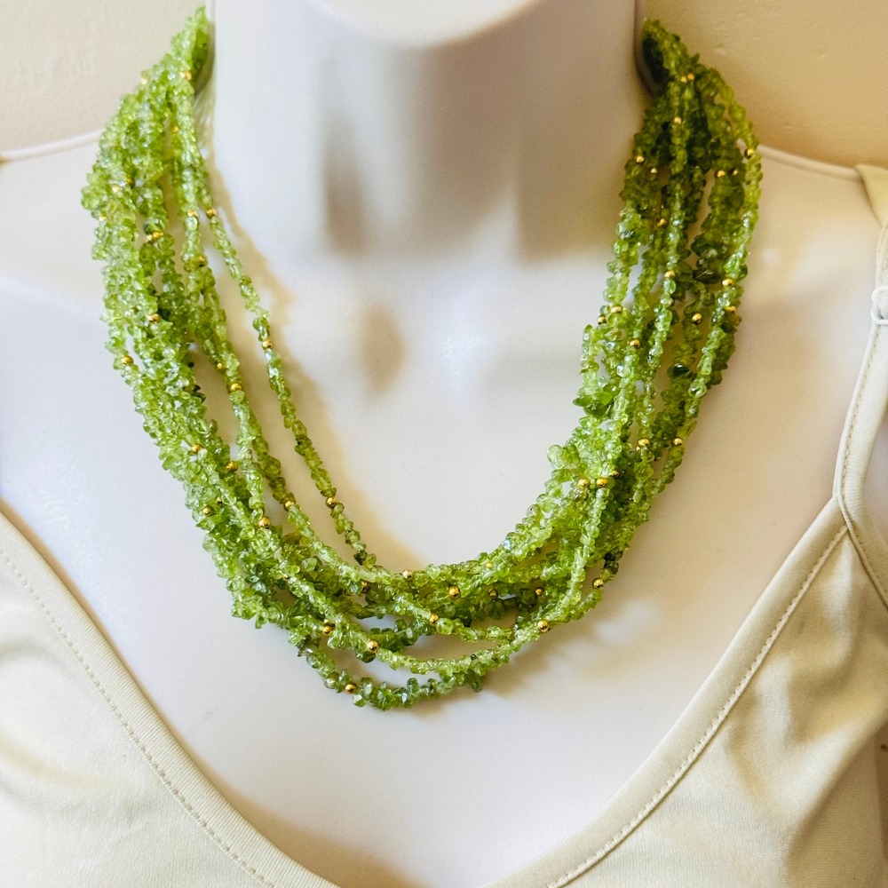 Stauer Green Peridot Stone Multi‎ Necklace 9 Rows Statement Italy 925 Sterling